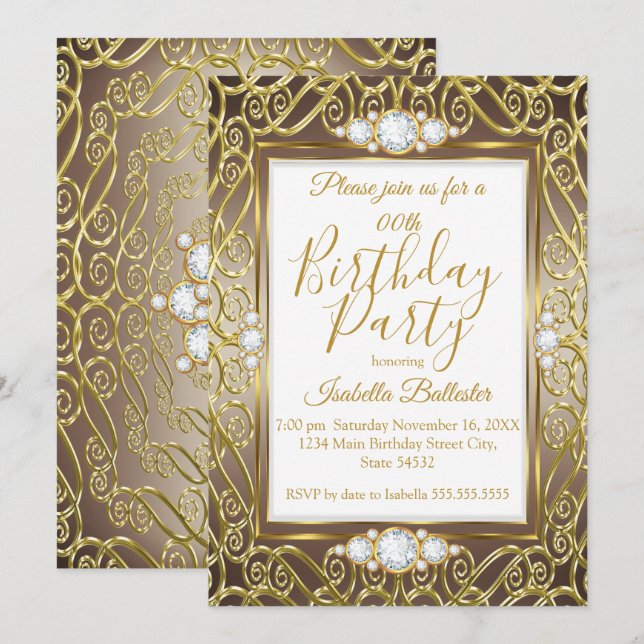 Elegant Birthday Party Gold Bronze Beige Diamond Invitation (Front/Back)