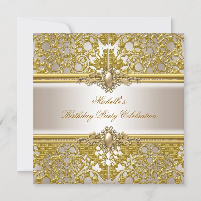 Elegant Birthday Party Gold Damask Cream Gold Invitation (Front)