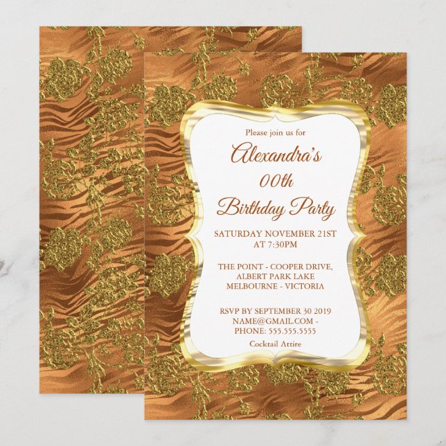 Elegant Birthday Party Gold Rust Copper Damask Invitation (Front/Back)