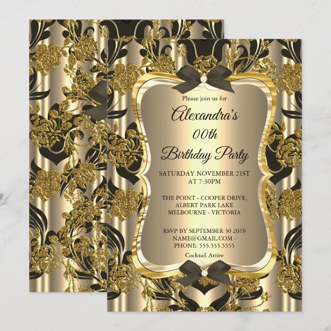Elegant Birthday Party Gold Sepia Black Damask Invitation (Front/Back)