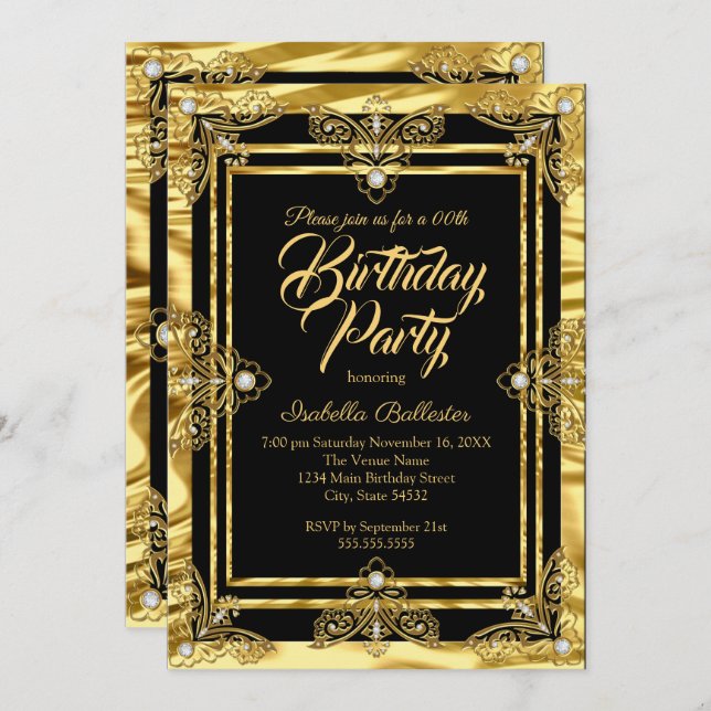 Elegant Birthday Party Golden Black Gold Gems Invitation (Front/Back)