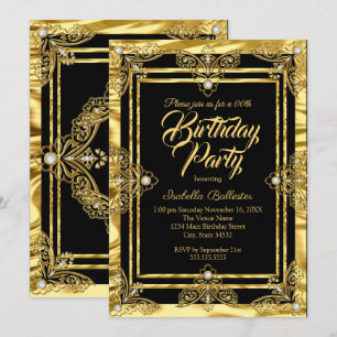 Elegant Birthday Party Golden Black Gold Gems Invitation