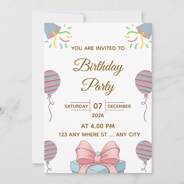 Elegant Birthday Party Invitation with Balloons (Front)