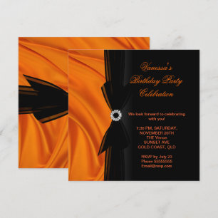 Elegant Birthday Party Orange Silk Black Invitation