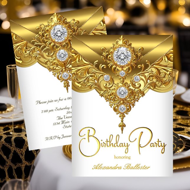 Elegant Birthday Party Ornate White Gold Diamond Invitation (Creator Uploaded)
