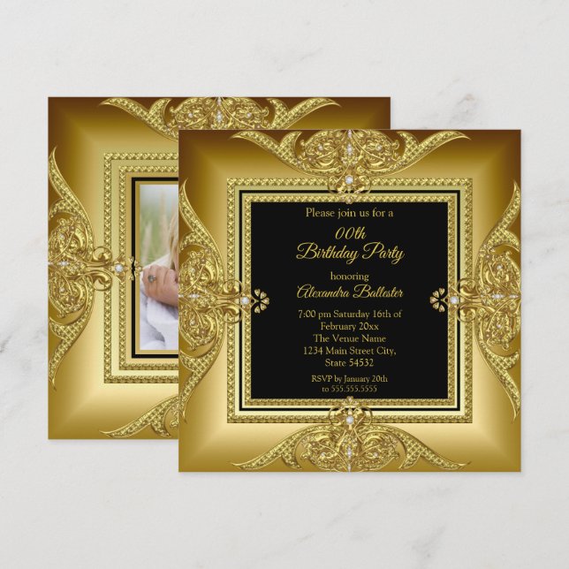 Elegant Birthday Party Photo Black Gold Frame Invitation (Front/Back)