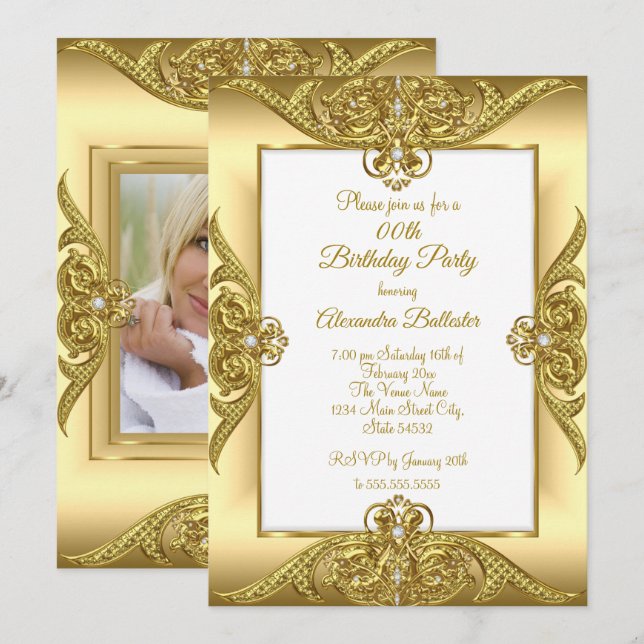 Elegant Birthday Party Photo Cream Gold Frame Invitation (Front/Back)