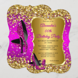 Elegant Birthday Party Pink Magenta Gold High Heel Invitation