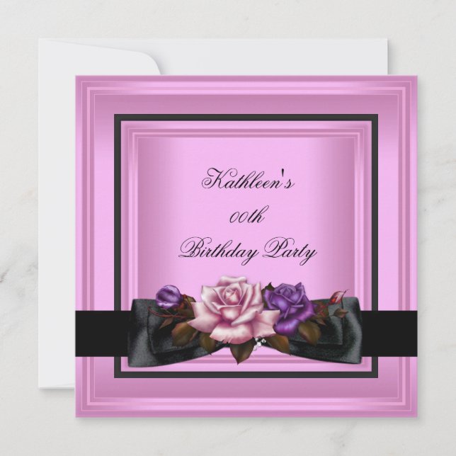 Elegant Birthday Party Pink Purple Rose Black Invitation (Front)