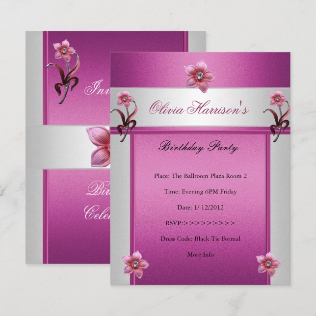 Elegant Birthday Party Pink White Floral Invitation (Front/Back)