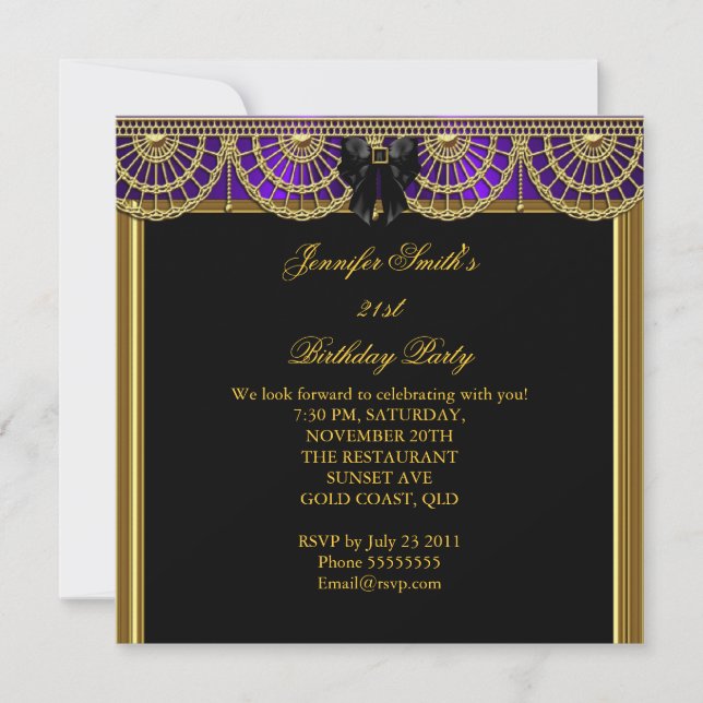 Elegant Birthday Party Purple Black Gold Invitation (Front)