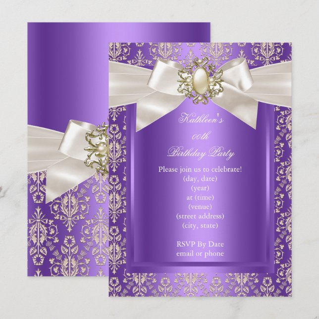 Elegant Birthday Party Purple Damask Pearl Cream Invitation (Front/Back)