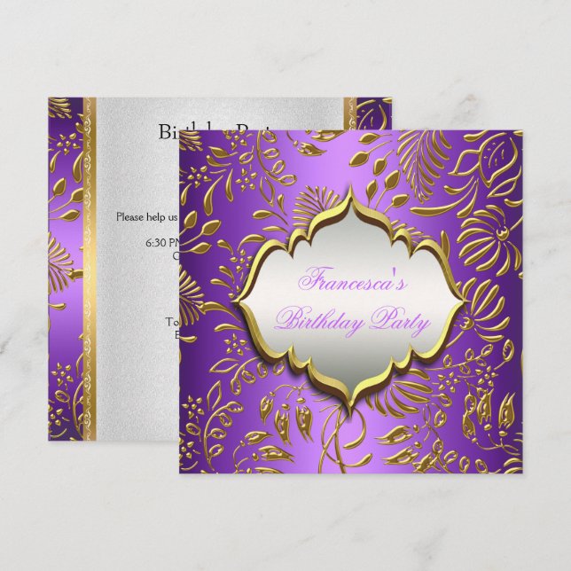 Elegant Birthday Party Purple Gold Invitation (Front/Back)