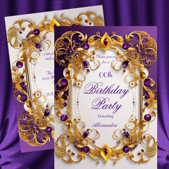 Elegant Birthday Party Purple jewel White Gold Invitation (Creator Uploaded)