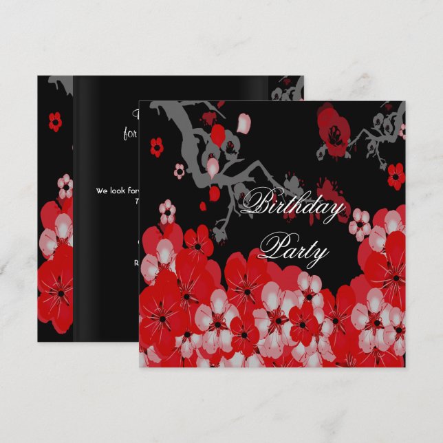 Elegant Birthday Party Red Black Asian Blossom Invitation (Front/Back)