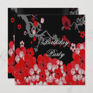 Elegant Birthday Party Red Black Asian Blossom Invitation