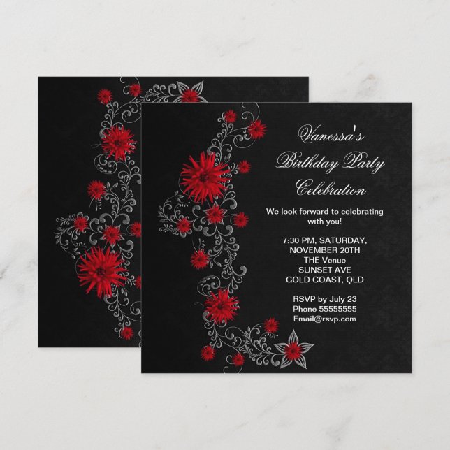 Elegant Birthday Party Red Black Silver Floral Invitation (Front/Back)