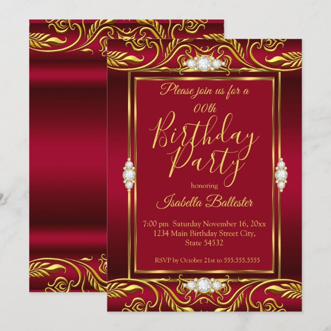 Elegant Birthday Party Red Burgundy Gold Jewels Invitation (Front/Back)