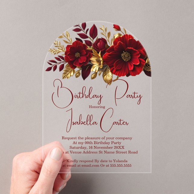 Elegant Birthday Party Red Gold Flowers Acrylic Invitations (Creator Uploaded)