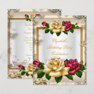 Elegant Birthday Party Roses White Gold Red Cream Invitation
