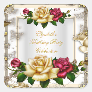 Elegant Birthday Party Roses White Gold Red Cream Square Sticker