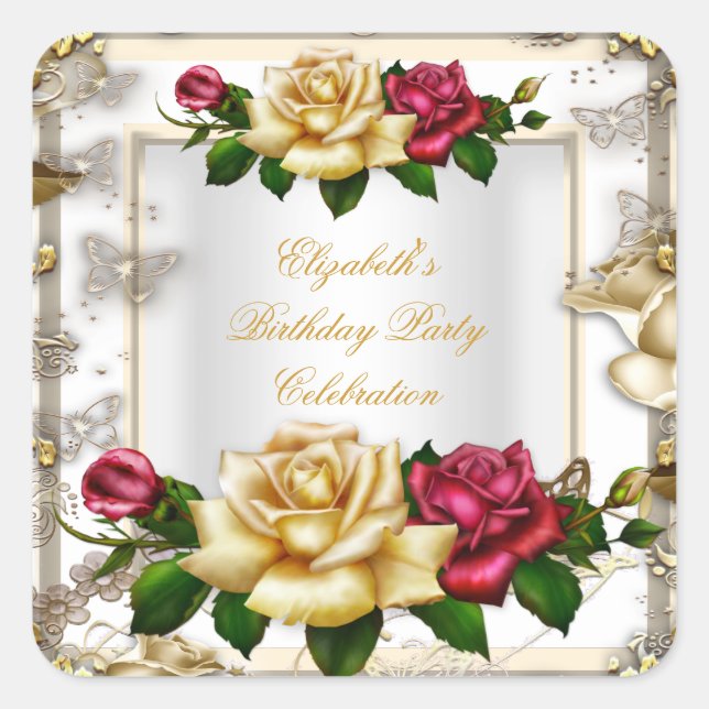 Elegant Birthday Party Roses White Gold Red Cream Square Sticker (Front)