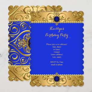 Elegant Birthday Party Royal Blue Damask Gold B Invitation