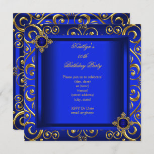 Elegant Birthday Party Royal Blue Damask Gold Invitation