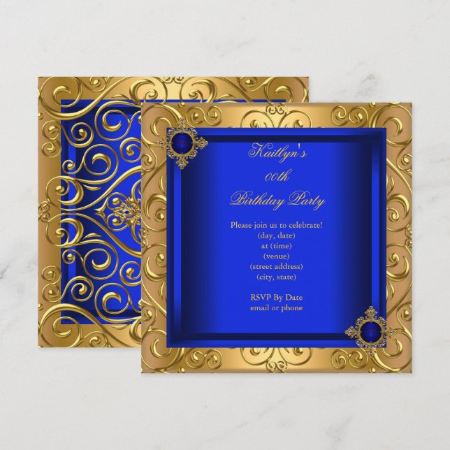 Elegant Birthday Party Royal Blue Damask Gold Invitation (Front/Back)