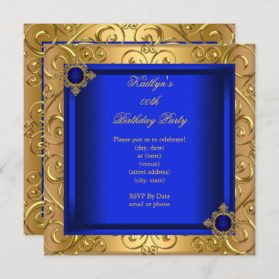 Elegant Birthday Party Royal Blue Damask Gold Invitation