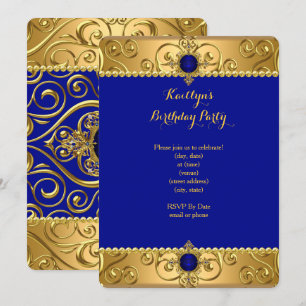 Elegant Birthday Party Royal Blue Damask Gold R Invitation