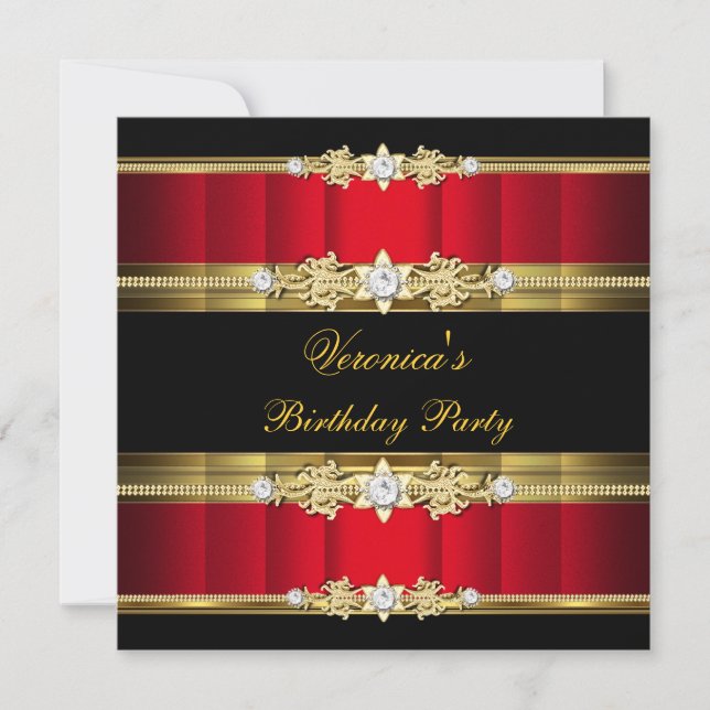 Elegant Birthday Party Royal Red Gold Black Invitation (Front)