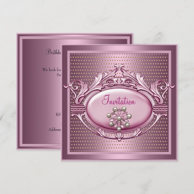Elegant  Birthday Party Satin Pink Pearl Jewel Invitation (Front/Back)