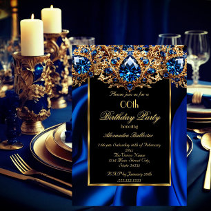Elegant Birthday Party Silk Royal blue jewel Gold Invitation