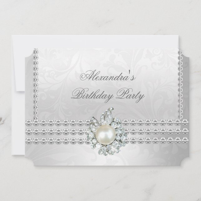 Elegant Birthday Party Silver Diamond Pearl CC Invitation (Front)