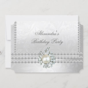 Elegant Birthday Party Silver Diamond Pearl CC Invitation