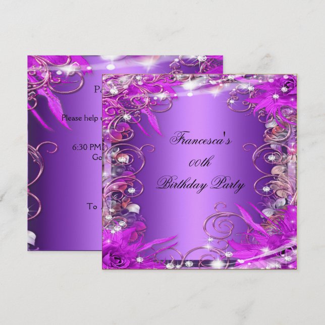 Elegant Birthday Party Silver Pink Purple Invitation (Front/Back)