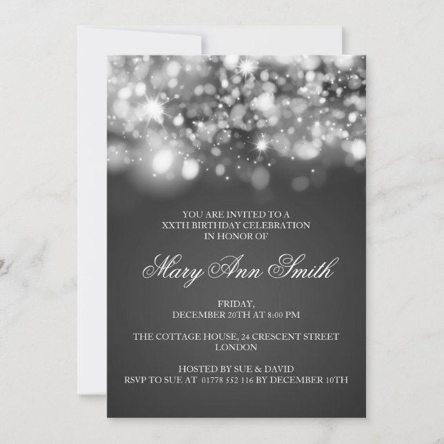 Elegant Birthday Party Silver Sparkling Lights Invitation (Front)