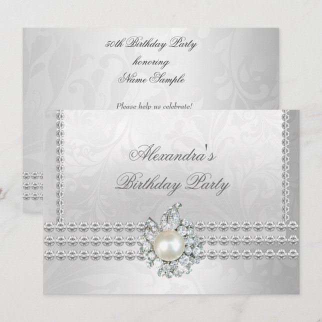 Elegant Birthday Party Silver White Diamond Pearl Invitation (Front/Back)