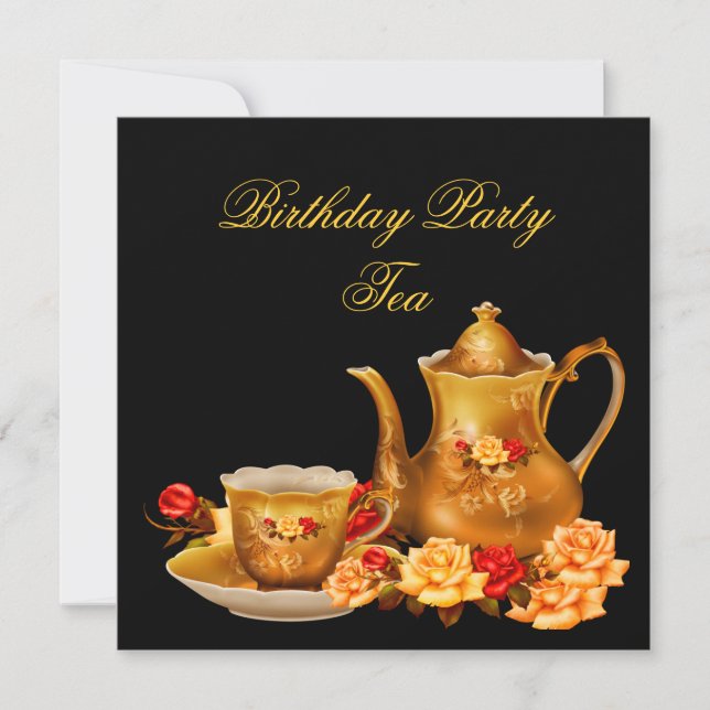 Elegant Birthday Party Tea Black Red Gold Invitation (Front)