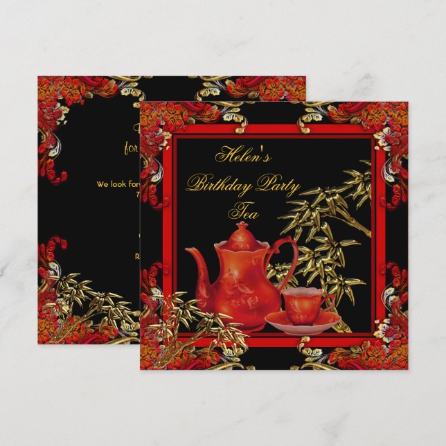 Elegant Birthday Party Tea Red Gold Bamboo Invitation (Front/Back)