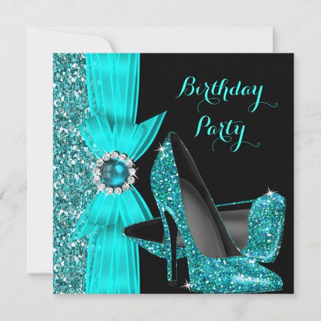 Elegant Birthday Party Teal Blue High Heels Silk Invitation (Front)