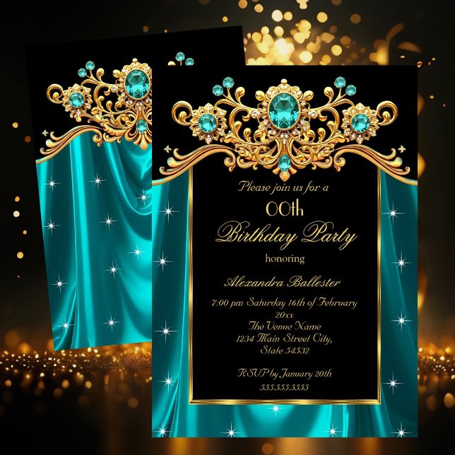 Elegant Birthday Party Teal Blue Silk Gold Gems Invitation (Creator Uploaded)