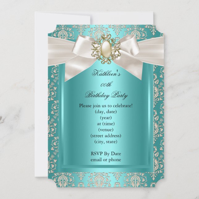 Elegant Birthday Party Teal Damask Pearl Cream 2 Invitation (Front)