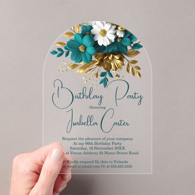 Elegant Birthday Party Teal White Gold Flowers Acrylic Invitations (Creator Uploaded)