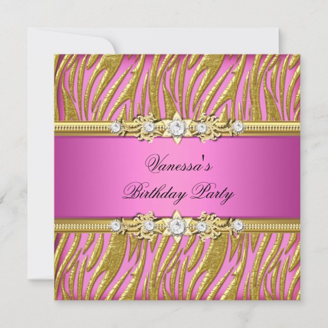 Elegant Birthday Party Zebra Pink Gold Invitation (Front)