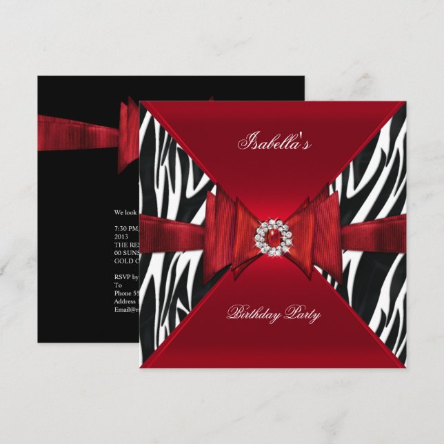 Elegant Birthday Party Zebra Red Black Diamond Invitation (Front/Back)