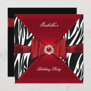 Elegant Birthday Party Zebra Red Black Diamond Invitation