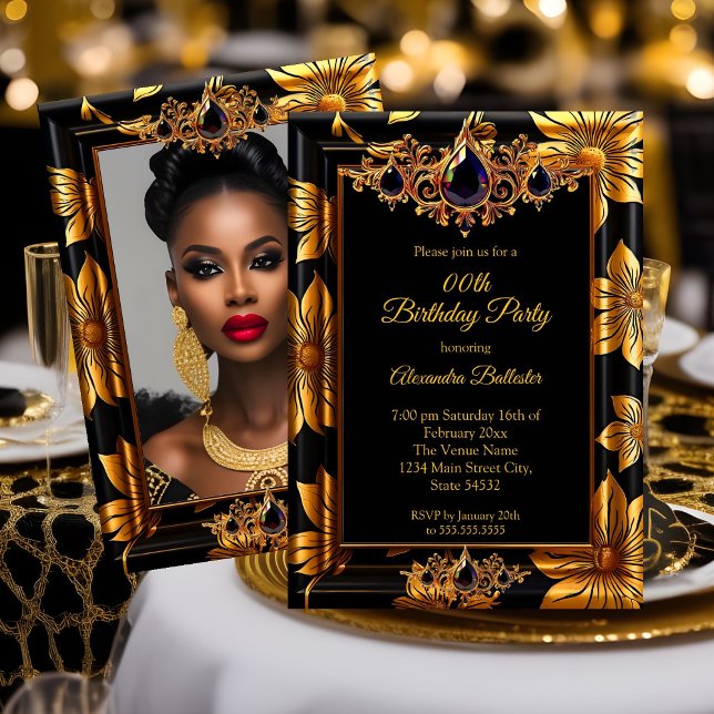 Elegant Birthday Photo Black Gold Floral Damask Invitation (Creator Uploaded)