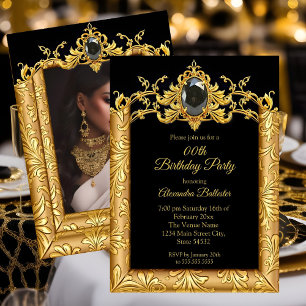 Elegant Birthday Photo Black Gold Golden Damask Invitation